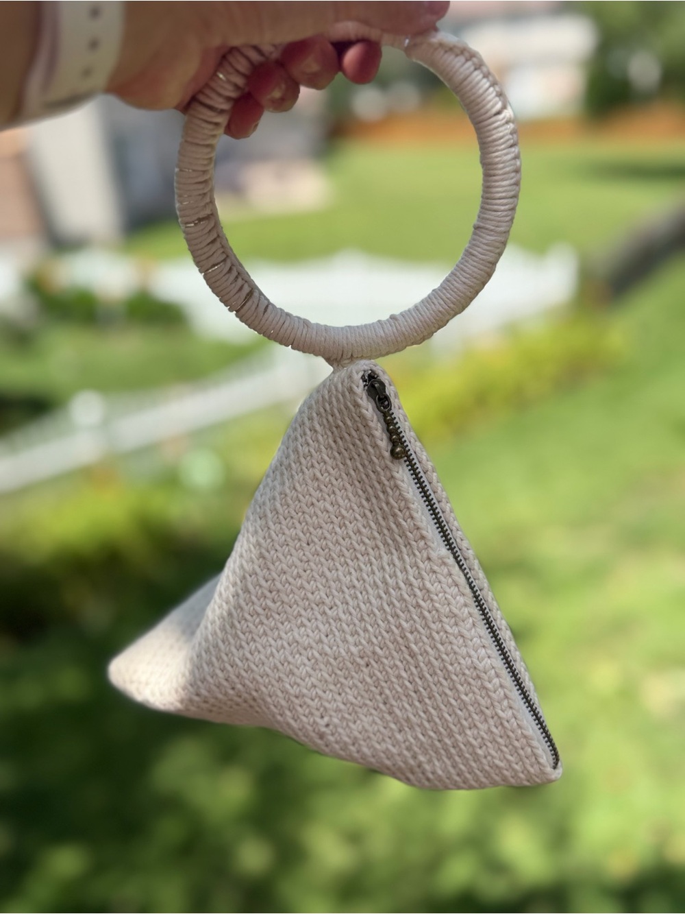 Hand Crafted Cream Woven Triangle Wristlet with Wrapped Ring Handle